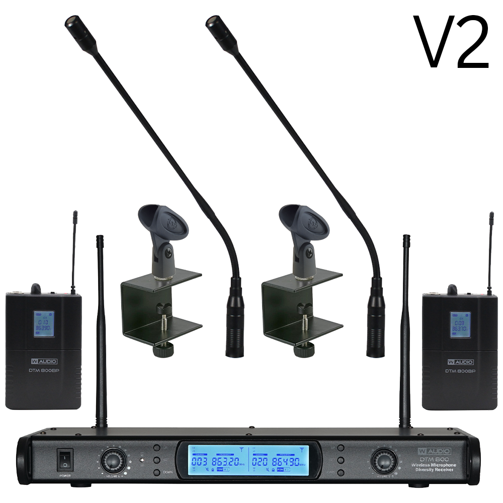W Audio DTM 800 V2 twin diversity beltpack wireless microphone systems on Ch 70 (863-865 MHz)with 2 x clothing clip microphones, 2 x headworn microphones and 2 x lectern gooseneck microphone and fittings - with V2 software