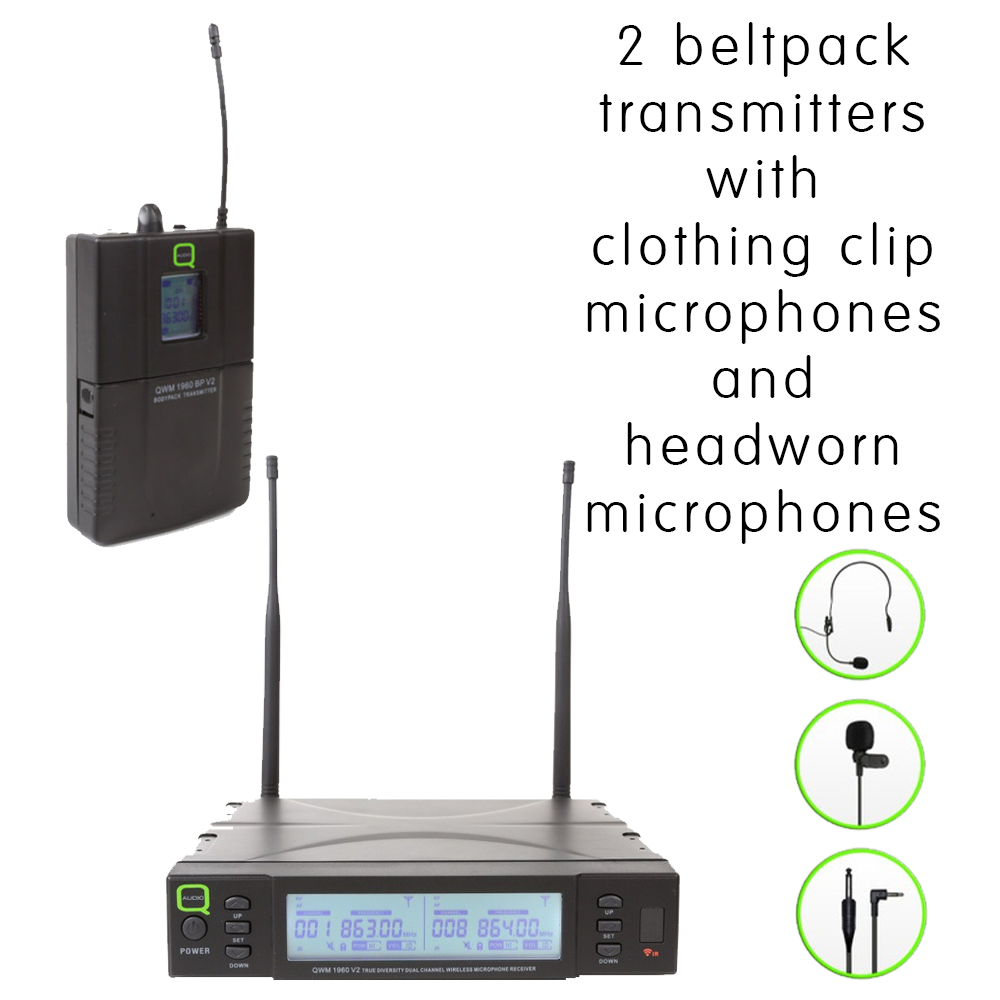 Q Audio QWM 1960 BP/70 V2 series channel 70 UHF headworn wireless microphone system