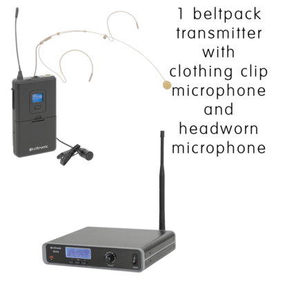 Citronic RU105-N license free UHF Ch 70 digital wireless microphone system with bodyworn transmitter, headworn microphone and clothing clip microphone