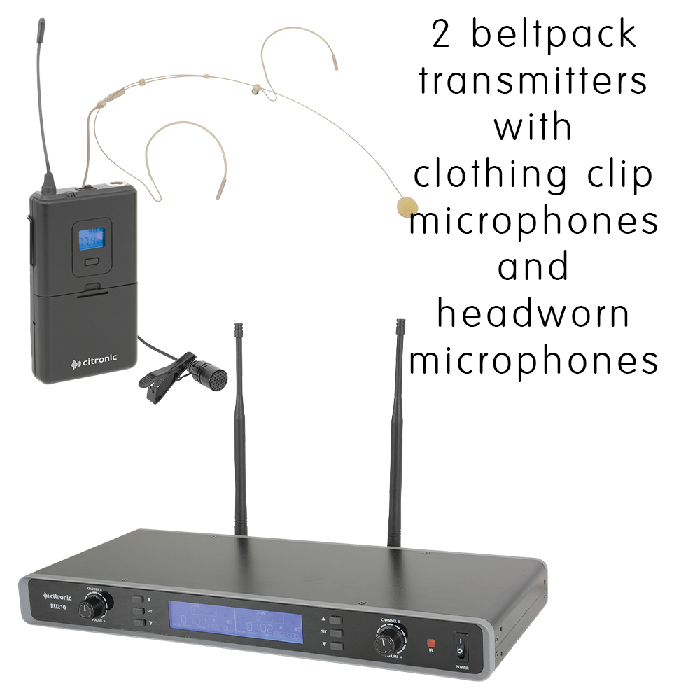 Citronic RU210-N license free UHF Ch 70 digital twin wireless microphone system with boyworn transmitter, 2 x headworn microphones and 2 x clothing clip microphones