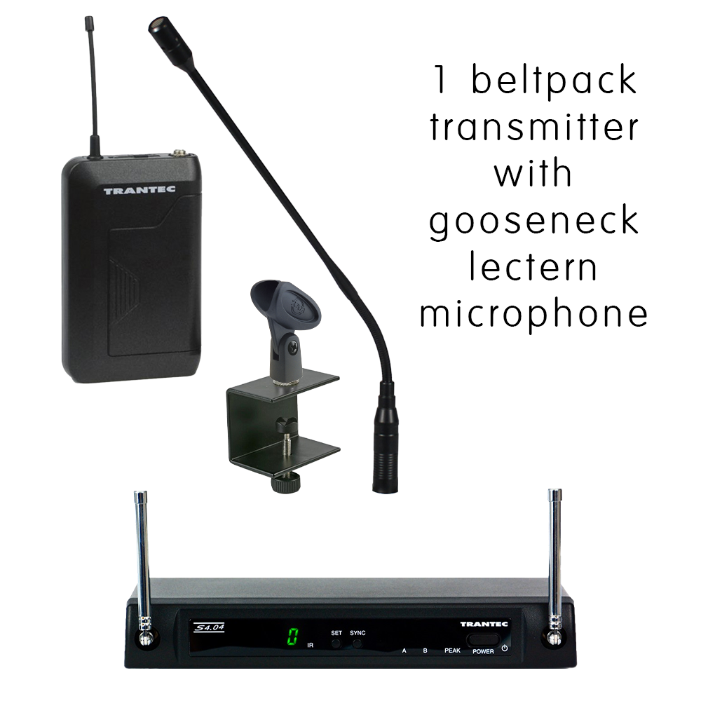 Trantec S4.04-WPM wireless microphone system with beltpack transmitter and gooseneck lectern microphone