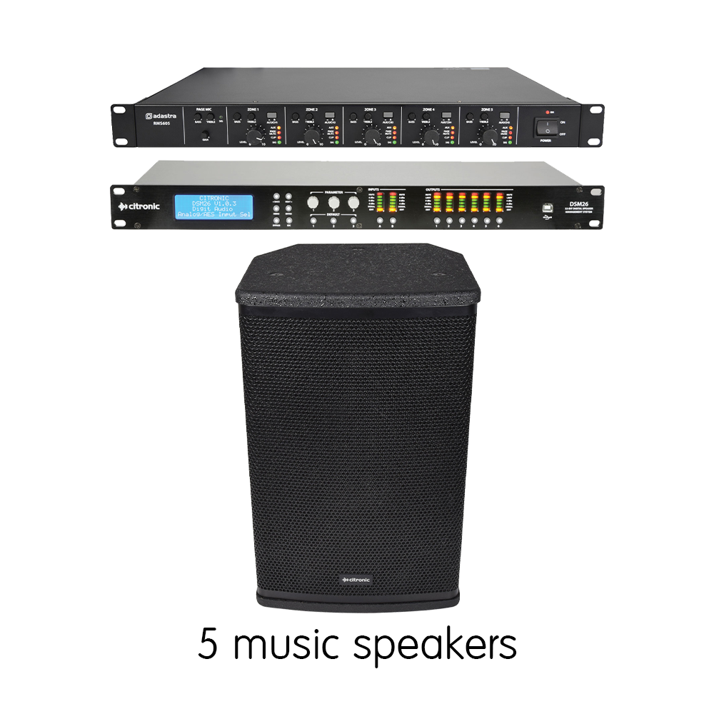 Complete SMS-2 indoor foreground music sound system with digital speaker management for bars and pubs