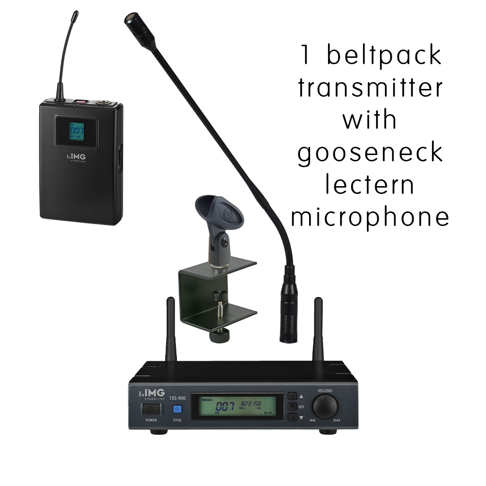 IMG Stageline TXS-900/WPM single UHF multifrequency wireless microphone receiver with TXS-900HSE bodyworn transmitter and gooseneck lectern microphone
