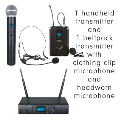 ZZiPP TXZZ622 dual 16 channel UHF wireless microphone system with 1 x handheld transmitter, 1 x bodyworn transmitter, 1 x clothing clip microphone and 1 x headworn microphone