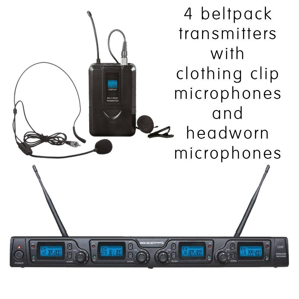 ZZiPP TXZZ642 4 way 16 channel UHF wireless microphone system with 4 bodyworn transmitters, 4 x clothing clip microphones and 4 x headworn microphones