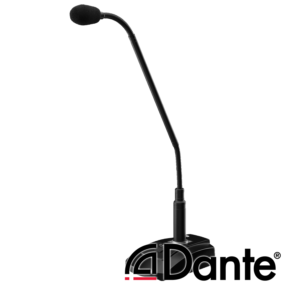 Monacor ECM-300DT push-to-talk PA desktop gooseneck microphone with integrated Dante® module
