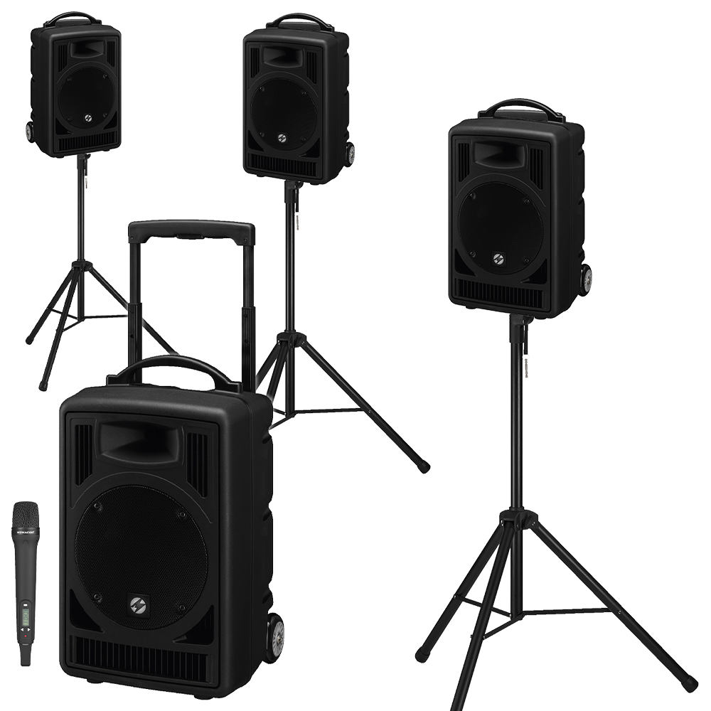 Monacor TXA-820CD/SET series of high-power portable PA sound systems with integrated 2-channel multifrequency wireless microphone receiver and CD player