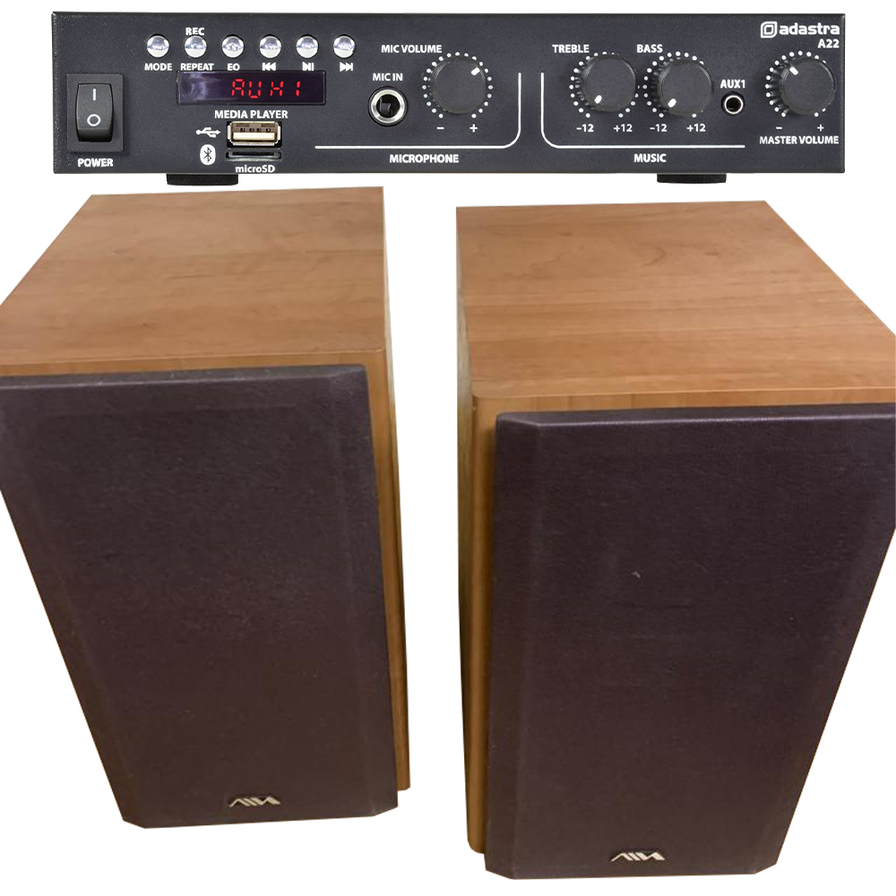 BGM-AIWA 25+25w Bluetooth stereo background music system with 2 wood effect cabinet speakers