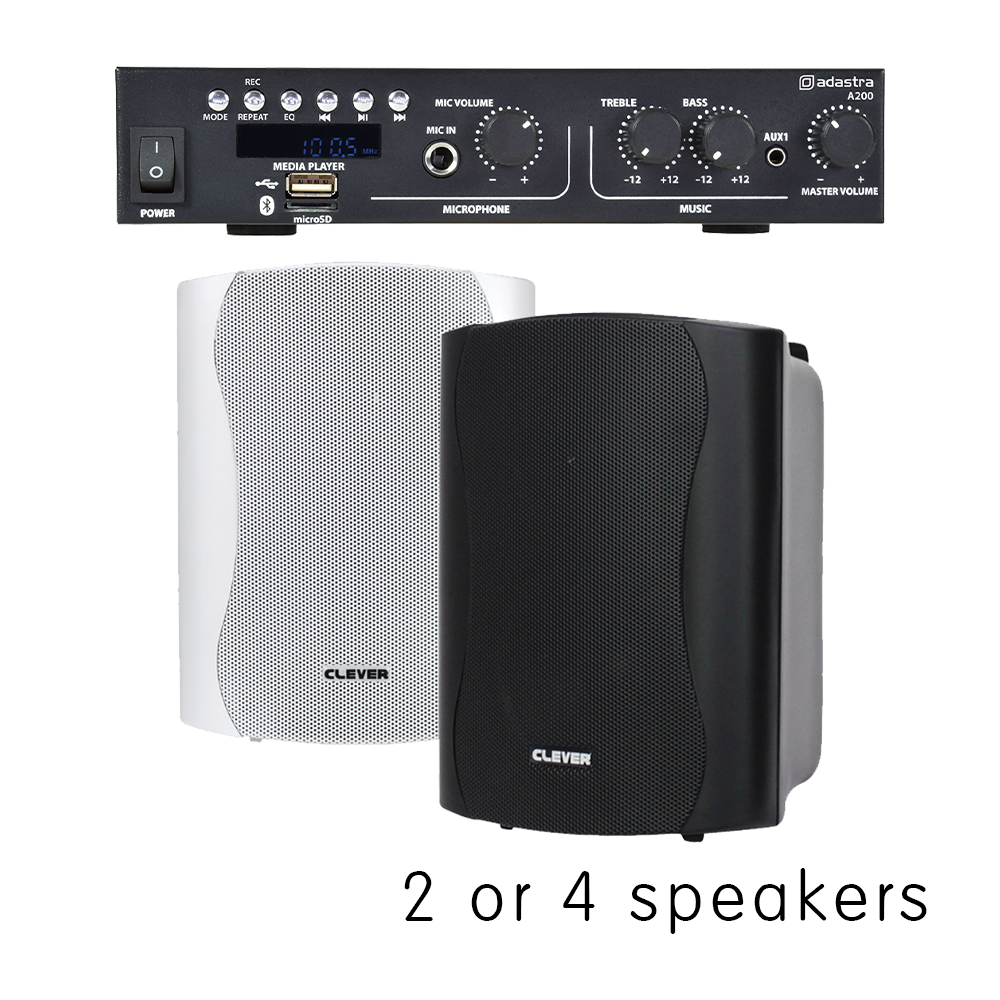 BGM-50 35+35w Bluetooth stereo background music system with black or white cabinet speakers