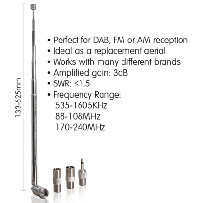 T143DH indoor telescopic DAB / FM aerial / antenna with a male F Type connector and 3 adapters