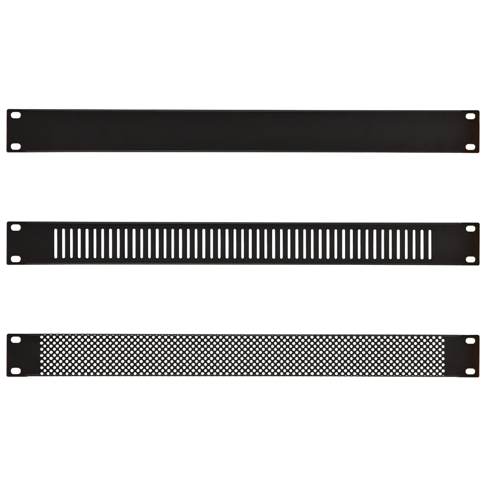 Powder coated steel 19" rack mounting blanking panels available in 4 sizes and 3 styles