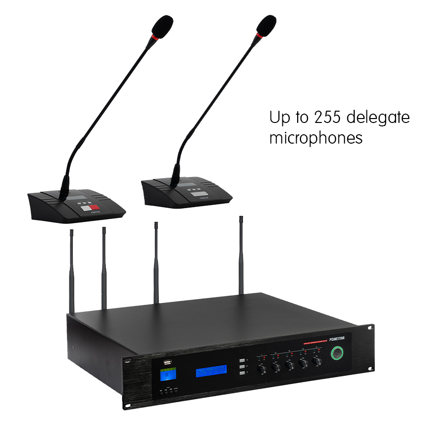 Fonestar SCI-750-SET 256-channel wireless conference system on 610-665 MHz using Fonestar SCI-770D wireless conference delegates’ microphones and SCI-760P wireless conference chairperson’s microphone