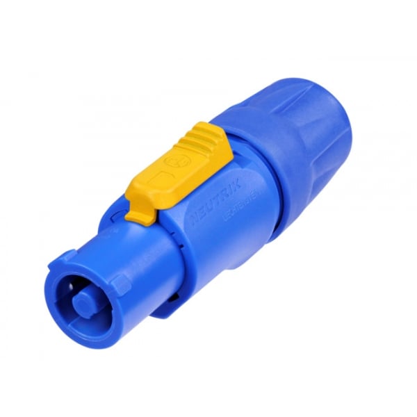 Mains power INPUT cable connector. Lockable 3-pole. Rated at 20A/250Vac. Blue.