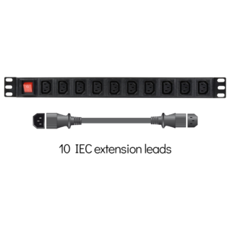 Adastra 1U-PDU-10C13+10IEC-EX 10-gang power distribution unit with ten 1m IEC extension leads