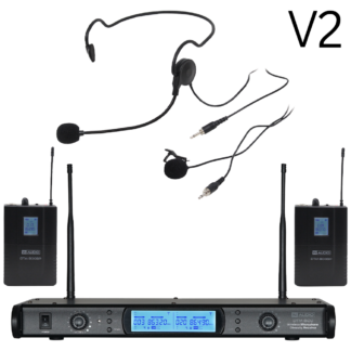 W Audio DTM 800 V2 twin diversity beltpack wireless microphone system on Ch 70 (863-865 MHz) with 2 x bodyworn transmitters, 2 x clothing clip microphones and 2 x headmics - with V2 software