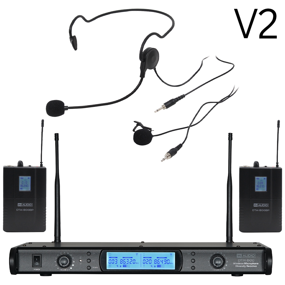 W Audio DTM 800 V2 twin diversity beltpack wireless microphone system on Ch 70 (863-865 MHz) with 2 x bodyworn transmitters, 2 x clothing clip microphones and 2 x headmics - with V2 software