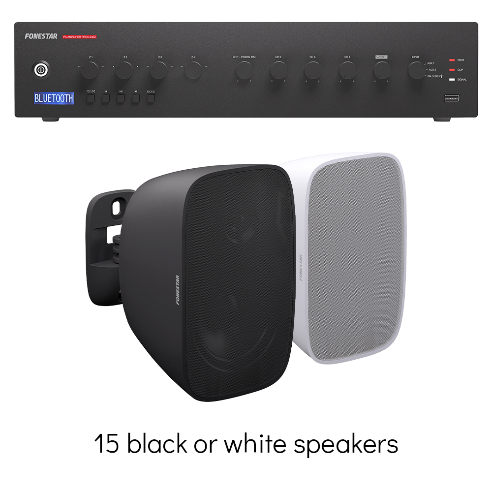 Fonestar 4-zone Bluetooth background music sound system with 15 speakers in either black or white