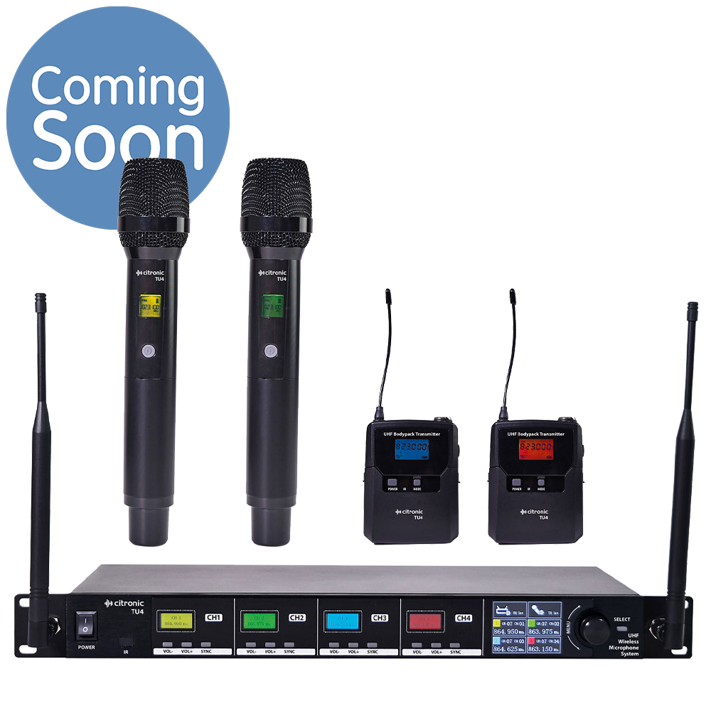 Citronic TU4-C 4 way Ch 65 & 70 UHF wireless microphone system with 2 bodyworn transmitters, 2 x clothing clip microphones and 2 x headworn microphones and 2 x handheld microphone transmitters