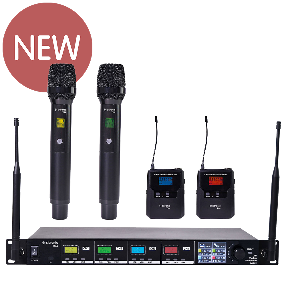 Citronic TU4-C 4 way Ch 65 & 70 UHF wireless microphone system with 2 bodyworn transmitters, 2 x clothing clip microphones and 2 x headworn microphones and 2 x handheld microphone transmitters