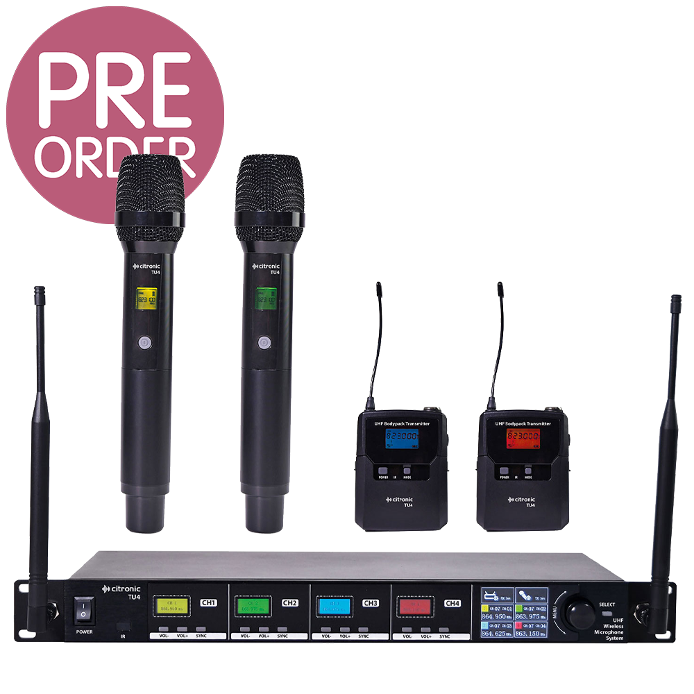 Citronic TU4-C 4 way Ch 65 & 70 UHF wireless microphone system with 2 bodyworn transmitters, 2 x clothing clip microphones and 2 x headworn microphones and 2 x handheld microphone transmitters
