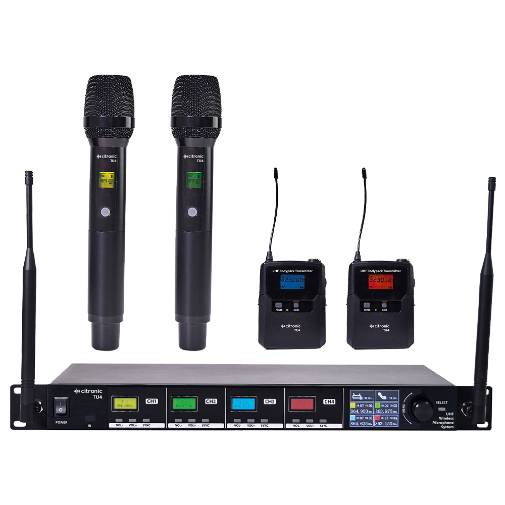 Citronic TU4-C 4 way Ch 65 & 70 UHF wireless microphone system with 2 bodyworn transmitters, 2 x clothing clip microphones and 2 x headworn microphones and 2 x handheld microphone transmitters