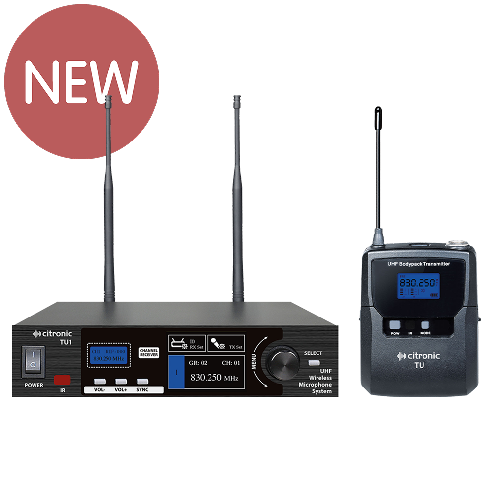Citronic TU1-N Ch 65 & 70 UHF wireless microphone system with 1 bodyworn transmitter, 1 x clothing clip microphone and 1 x headworn microphone