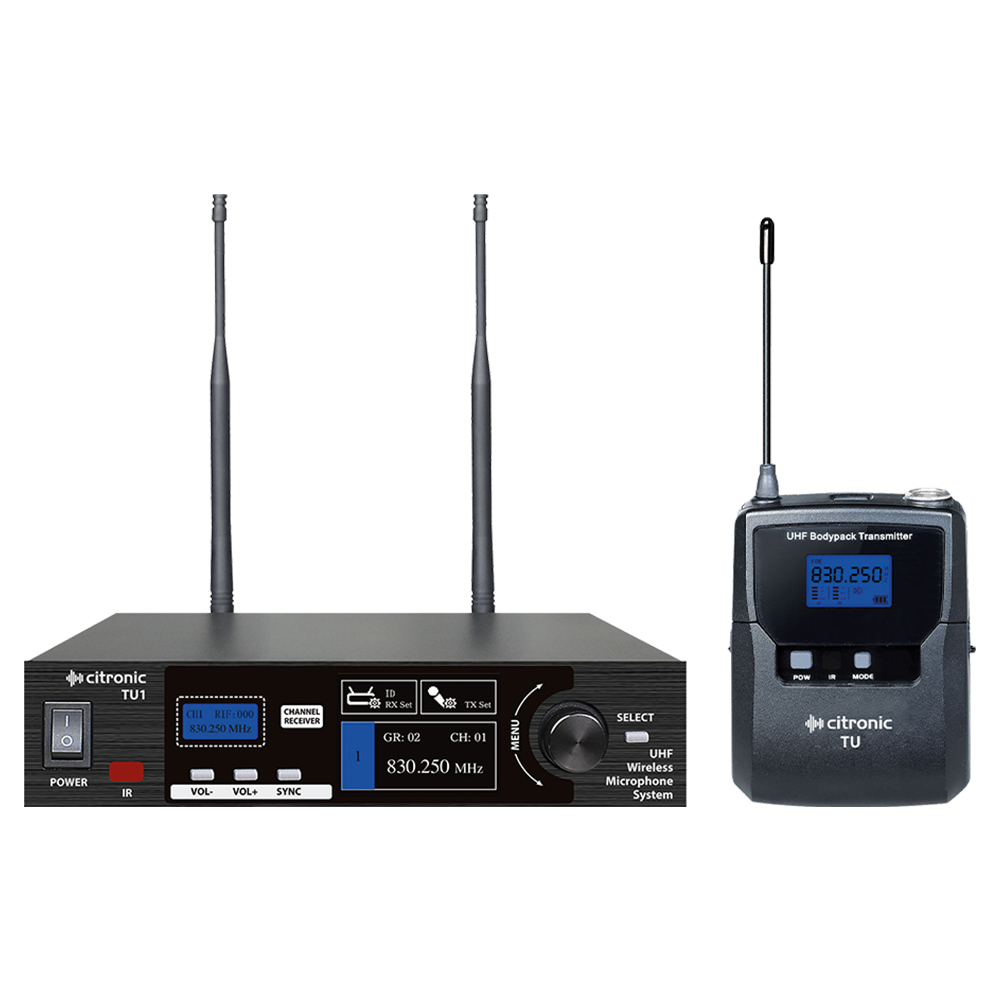 Citronic TU1-N Ch 65 & 70 UHF wireless microphone system with 1 bodyworn transmitter, 1 x clothing clip microphone and 1 x headworn microphone