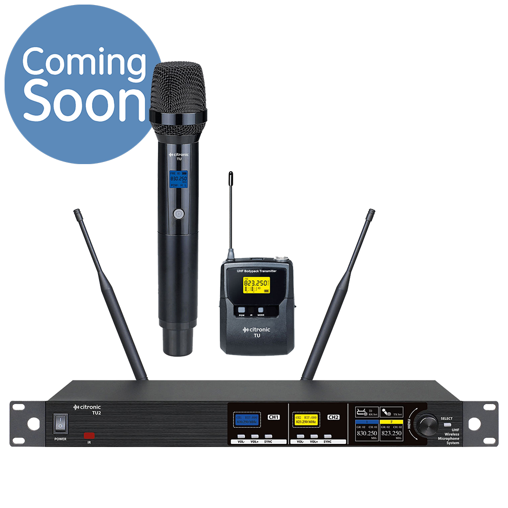 Citronic TU2-C dual Ch 65 & 70 UHF wireless microphone system with 1 bodyworn transmitter, 1 x clothing clip microphone and 1 x headworn microphone and 1 x handheld microphone transmitter