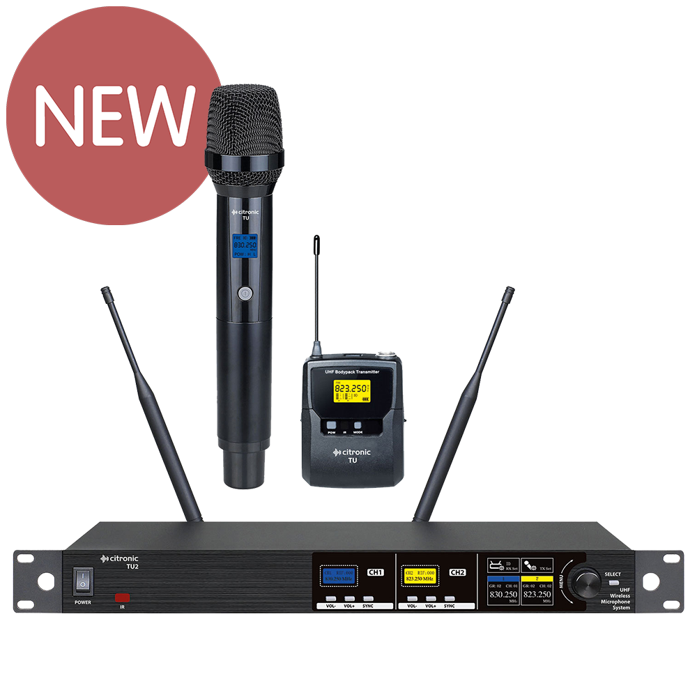 Citronic TU2-C dual Ch 65 & 70 UHF wireless microphone system with 1 bodyworn transmitter, 1 x clothing clip microphone and 1 x headworn microphone and 1 x handheld microphone transmitter