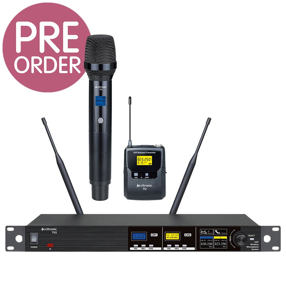 Citronic TU2-C dual Ch 65 & 70 UHF wireless microphone system with 1 bodyworn transmitter, 1 x clothing clip microphone and 1 x headworn microphone and 1 x handheld microphone transmitter