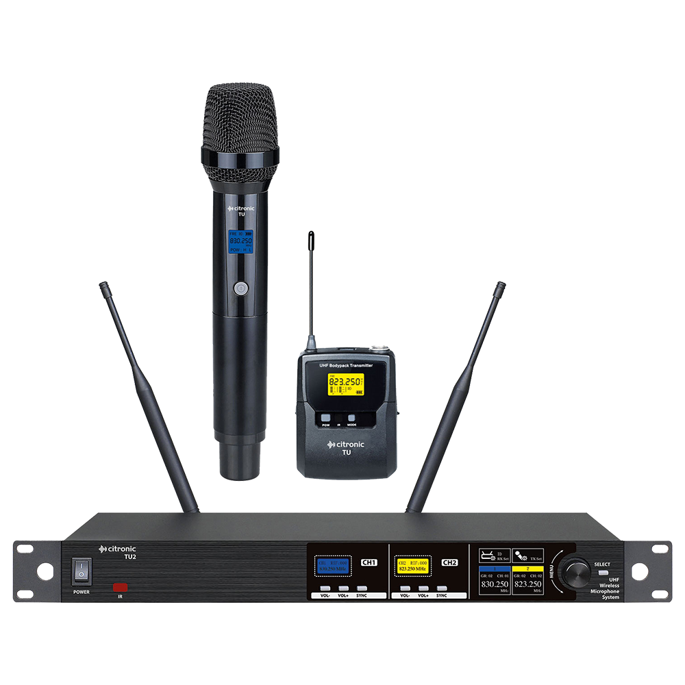 Citronic TU2-C dual Ch 65 & 70 UHF wireless microphone system with 1 bodyworn transmitter, 1 x clothing clip microphone and 1 x headworn microphone and 1 x handheld microphone transmitter
