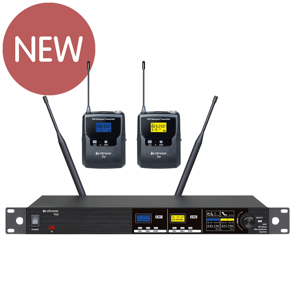 Citronic TU2-N dual Ch 65 & 70 UHF wireless microphone system with 2 bodyworn transmitters, 2 x clothing clip microphones and 2 x headworn microphones