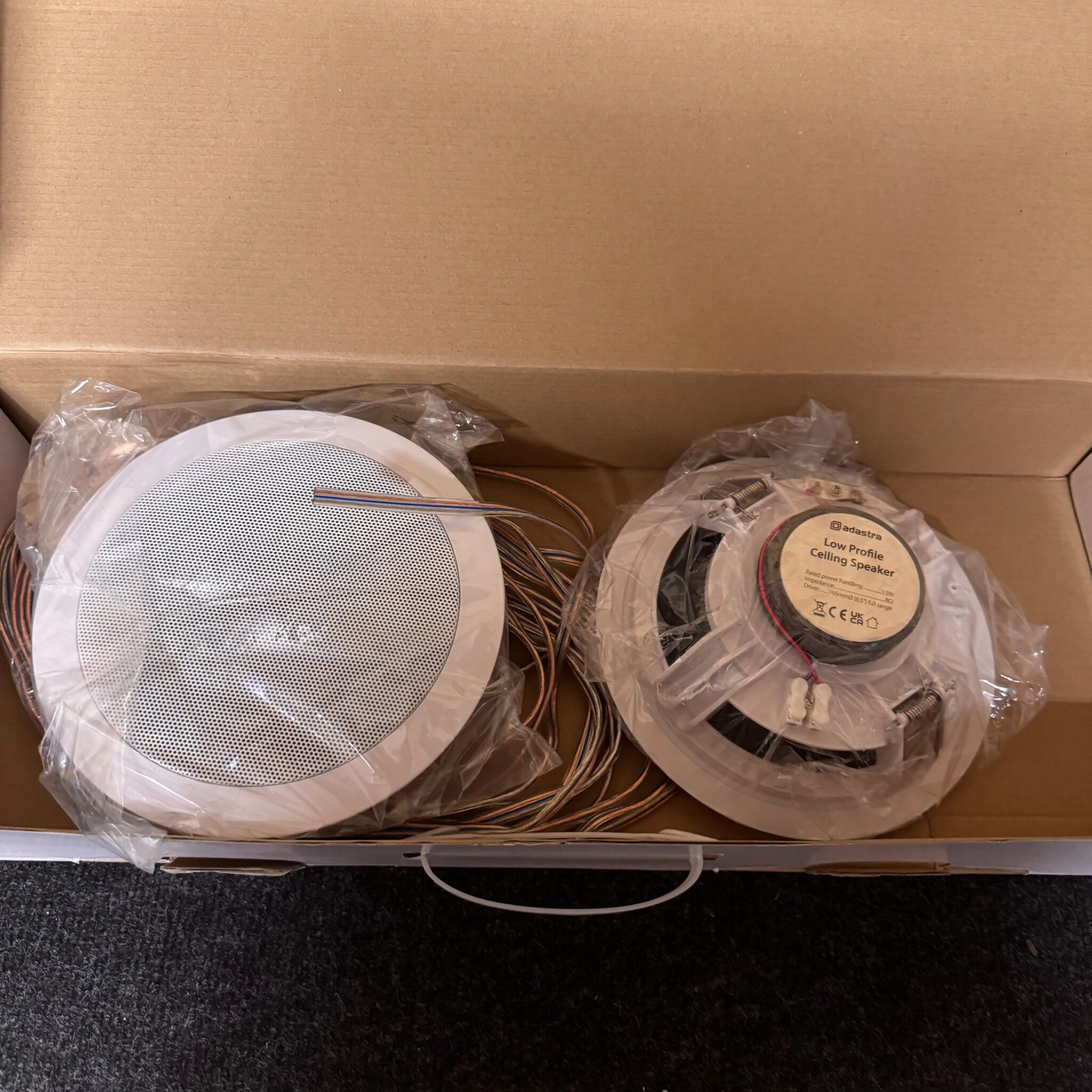 Pair of white 6.5″ 15W 8Ω low impedance flush-mount ceiling speakers