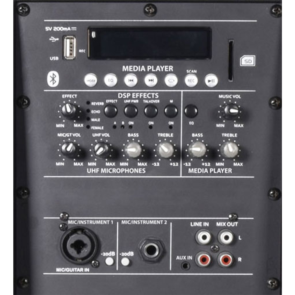 QTX QOVA-12PA 100W 12" portable PA with 2 VHF wireless microphones, media player & Bluetooth